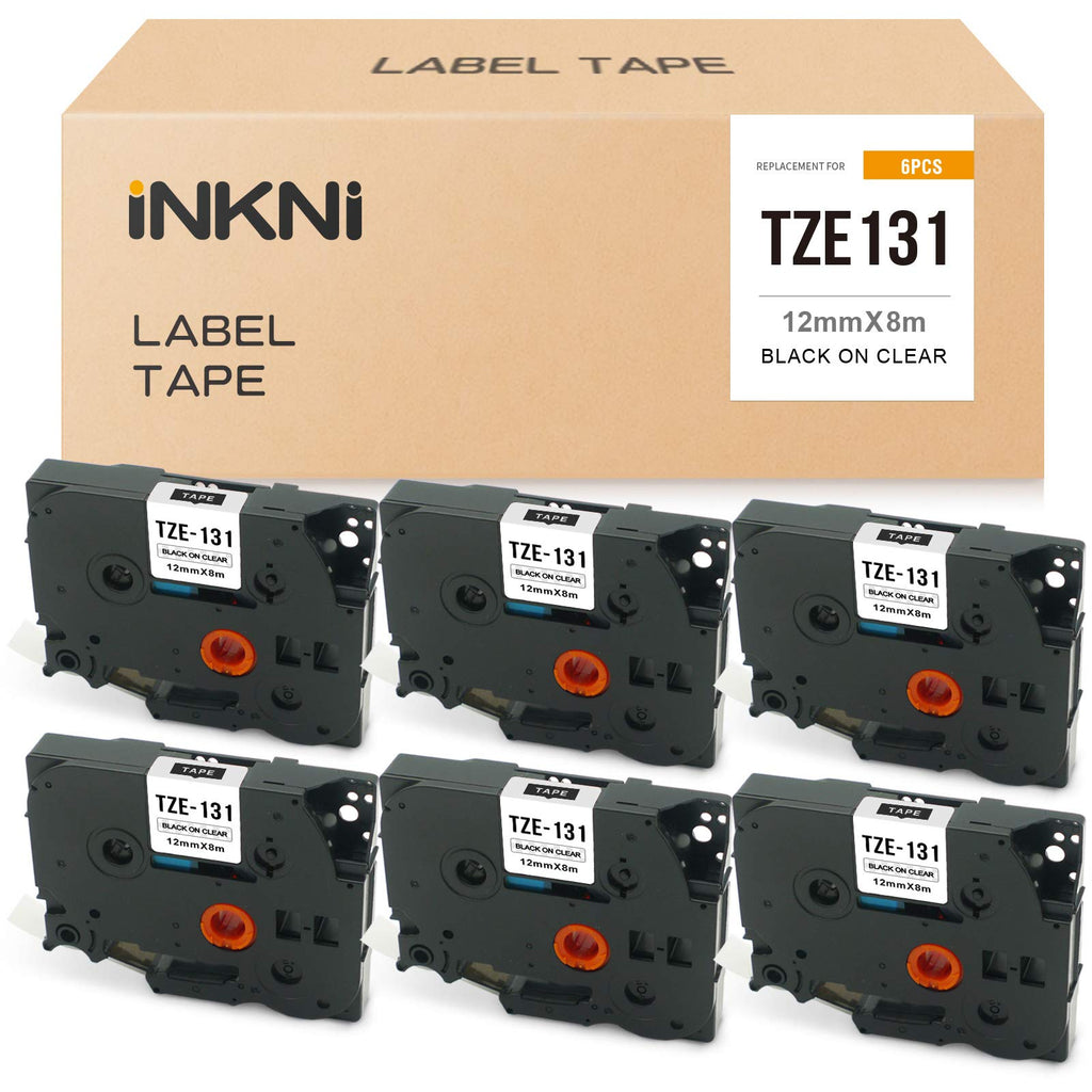 [Australia - AusPower] - INKNI Compatible Label Tape Replacement for TZe-131 TZ131 Brother P Touch Laminated Black on Clear Tape Use for PT1290 PTH110 PT1280 PTD210 PTD400 Label Maker Printer 1/2 Inch 26.2 Feet, 6-Pack 