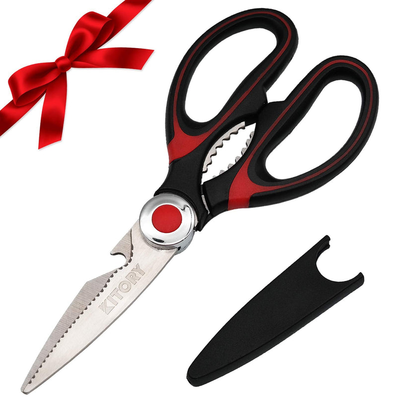 [Australia - AusPower] - KITORY Kitchen Shears Multi-Purpose Kitchen Scissors Ultra Sharp Heavy Duty Sissors with Sheath for Poultry/Chicken/Fish/Meat/Veggies/Office/BBQ Nut cracker Bottle Opener - Red&Black 