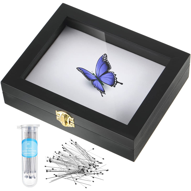 [Australia - AusPower] - Insect Display Case Box Collection Box with Clear Top, EVA Foam Pinning Board and 100 Pieces Pins Insect Shadow Box Kit Entomology Supplies for Collecting Butterfly Specimen (Black) Black 