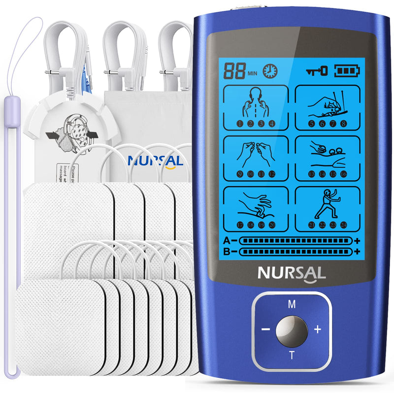 [Australia - AusPower] - NURSAL TENS EMS Unit Muscle Stimulator for Pain Relief Therapy, Electric 24 Modes Dual Channel TENS Machine Pulse Massager with 12 Pcs Electrode Pads/Continuous Stable Mode/Memory Function Blue 