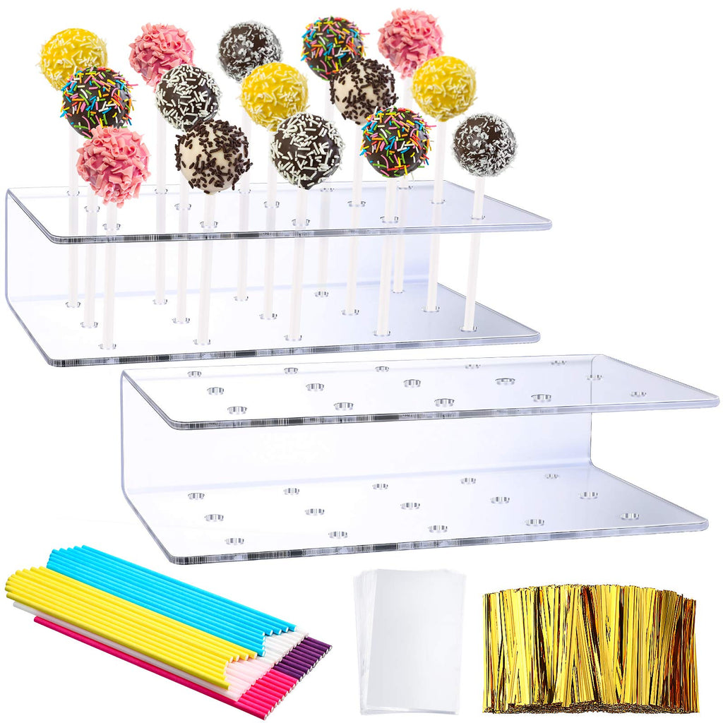 [Australia - AusPower] - 2 Pieces Acrylic Cake Pop Stand Clear Lollipop Holder Stand 70 Pieces Lollipop Treat Stick 800 Pieces Gold Twist Ties 100 Pieces Lollipop Packaging Bag for Valentine's Day St. Patricks Day (15 Holes) 6.3 x 3.5 x 1.5 in/ 15 Holes 