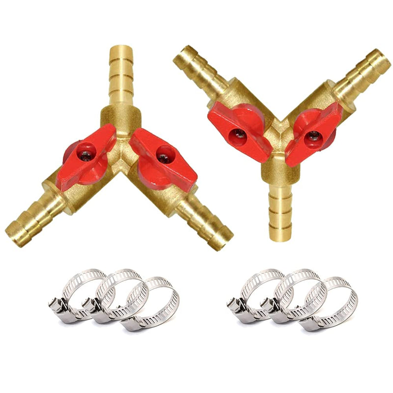 [Australia - AusPower] - Hooshing 3/8" Hose Barb Ball Valve 3 Way Shut Off Valve Soild Brass Y Shaped Ball Valve 2 Switch Hose Barb Fitting with 6 Hose Clamps ,Pack of 2 2 Pack 