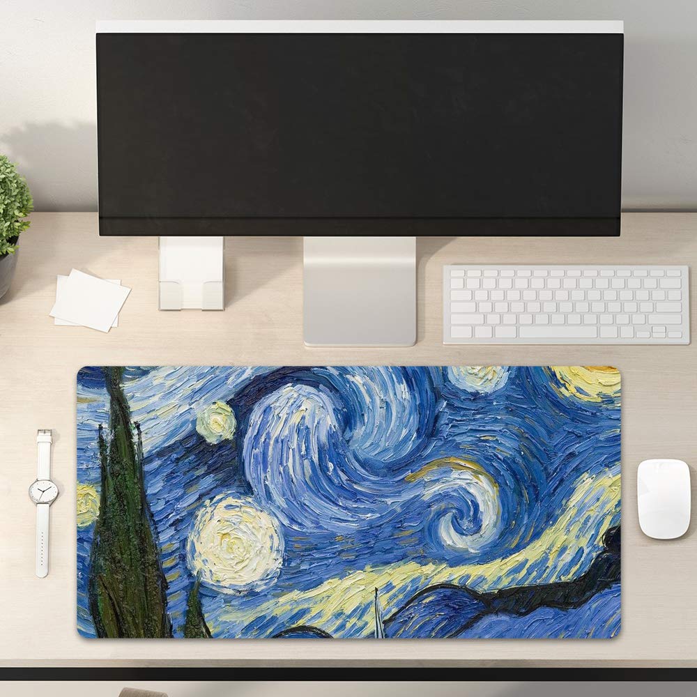 [Australia - AusPower] - Desk Pad Non-Slip PU Leather Desk Mat Oil Painting Starry Night Blue Yellow Gaming Mouse Pad Keyboard Laptop Desktop Computer Mat for Office Home 31.5" x 15.7" Dp044 