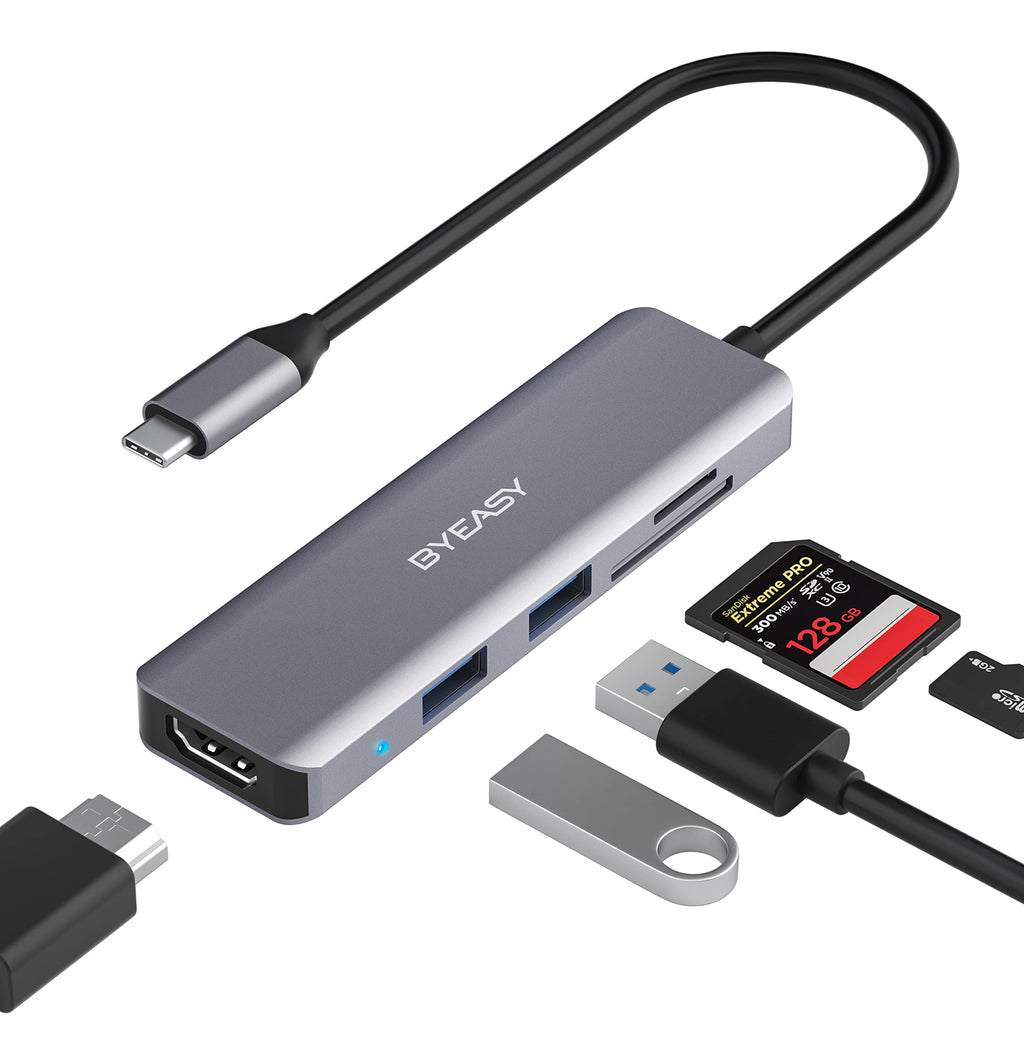 [Australia - AusPower] - USB C Hub,BYEASY 5 in 1 USB C Adapter with 4K@60HZ HDMI,SD/TF Card Reader and 2 Ports USB 3.0,for MacBook Pro 2020/2019/2018, iPad Pro 2020/2019, Pixelbook, XPS, and More USB C Hub - USBx2+HDMI（4K@60hz）+SD/TF Reader 