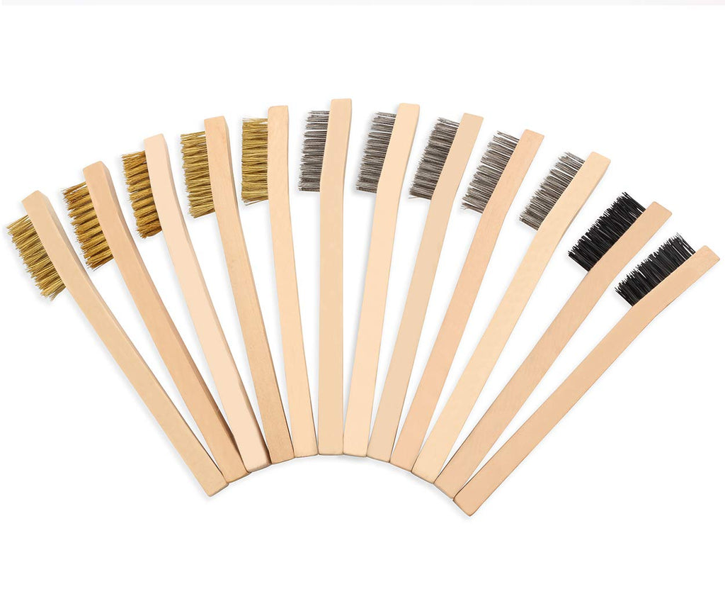[Australia - AusPower] - Wire Brush Set,Detailing Cleaning Wire Scratch Brush,Brass,Nylon,Stainless Steel Bristles with Wood Handle,Small,12-Piece 