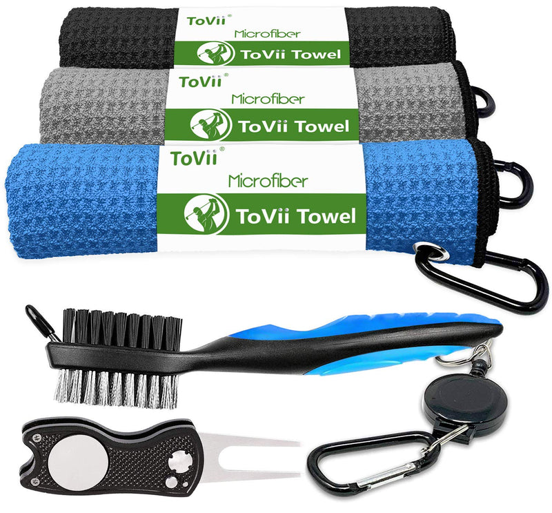 [Australia - AusPower] - ToVii Golf Towel Microfiber Waffle Pattern Golf Towel | Brush Tool Kit with Club Groove Cleaner | Golf Divot Tool | Golf Accessories for Men 
