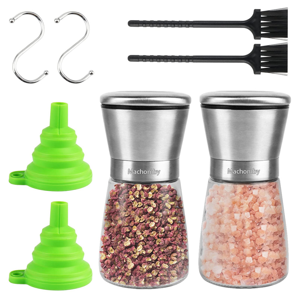 [Australia - AusPower] - Salt and Pepper Grinder Set, Stainless Steel Salt and Pepper Shakers with Funnel, Cleaning Brush and S-hook, Refillable Mill Shakers with Adjustable Coarseness, Salt and Pepper Mill Set for Kitchen 