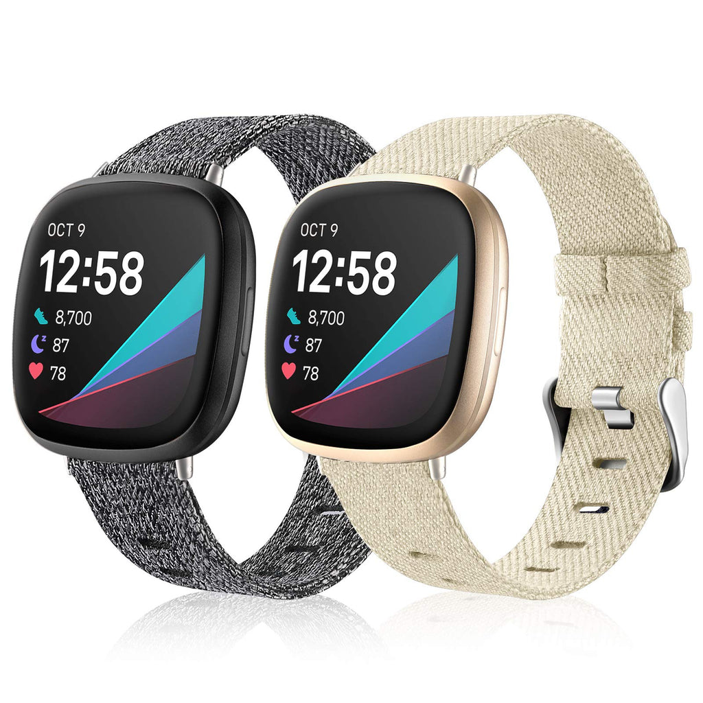 [Australia - AusPower] - Maledan Compatible with Fitbit Versa 3 and Sense Bands for Women Men, 2-Pack Soft Woven Fabric Band Replacement Wristbands Accessories Watch Strap for Versa 3/Sense Smartwatch, Small, Charcoal/Beige Charcoal/ Beige 
