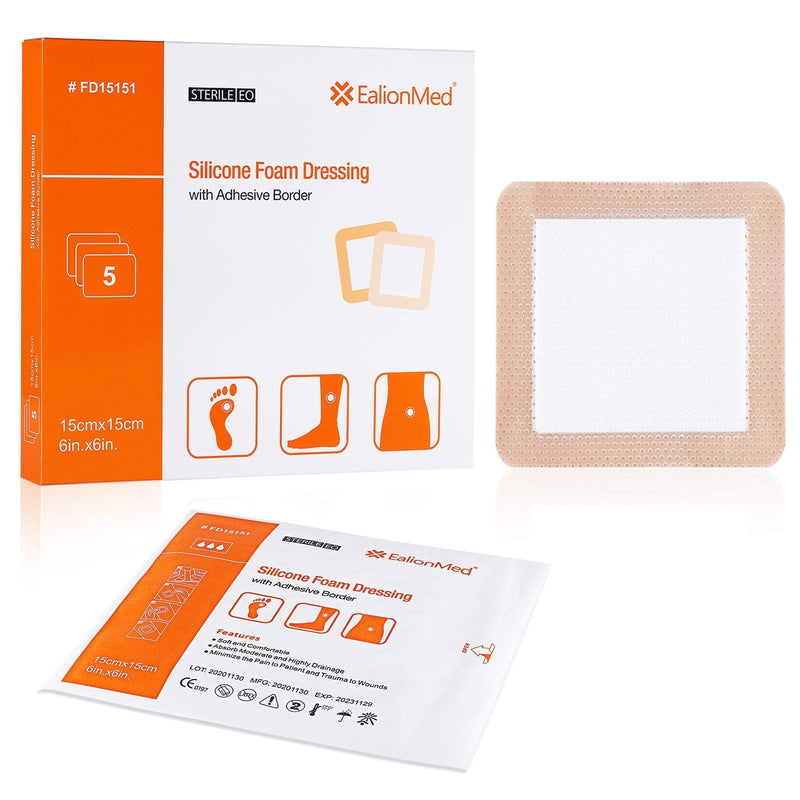 [Australia - AusPower] - Silicone Foam Dressing with Gentle Adhesive Border 6''x6'' 5 Pack, Painless Removal High Absorbency Waterproof Bed Sore Bandage for Pressure Ulcer, Leg Ulcer, Diabetic Foot Ulcer by EalionMed 6x6 Inch (Pack of 5) 