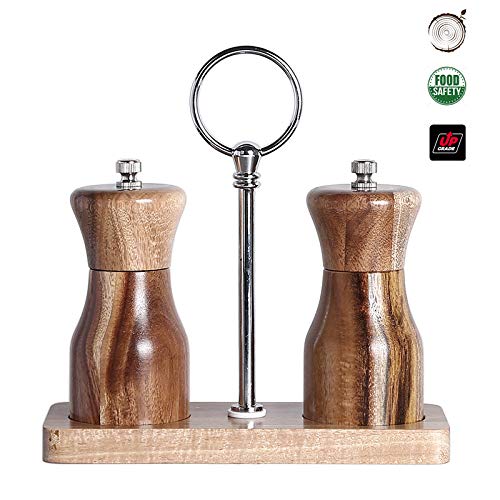 [Australia - AusPower] - Acacia Wood Salt and Pepper Grinder Set, Manual Pepper mill, Refillable, Adjustable Coarseness Ceramic Rotor, with Wooden Stand Holder Tray 