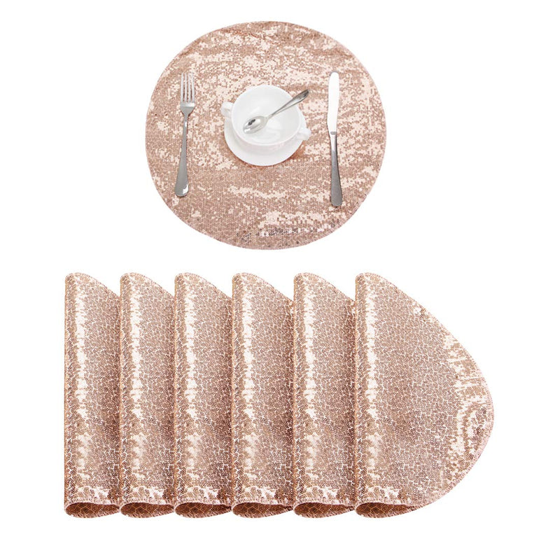 [Australia - AusPower] - Sequin Placemats Set of 6, Heat-Resistant Dining Table Mats, Stain-Resistant Kitchen Table Placemats, Elegant Sparkle Placemat for Party Wedding Accent Centerpiece Decoration(Rose Gold, 15" Round) 15"R-6pcs Rose Gold 