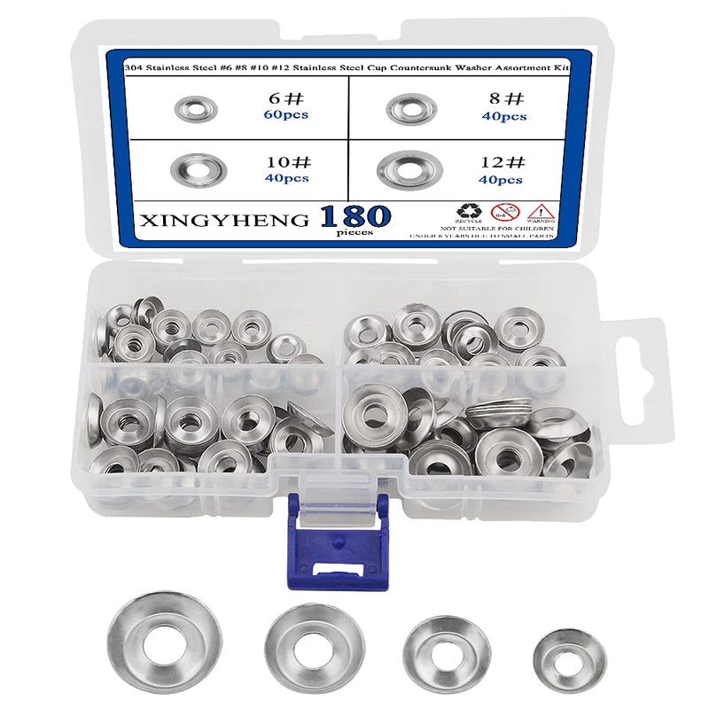 [Australia - AusPower] - XINGYHENG 180Pcs 4Kinds 304 Stainless Steel #6#8#10#12 Stainless Steel Cup Countersunk Washer Assortment Kit Silver Finishing Cup Washer with A Clean Plastic case 