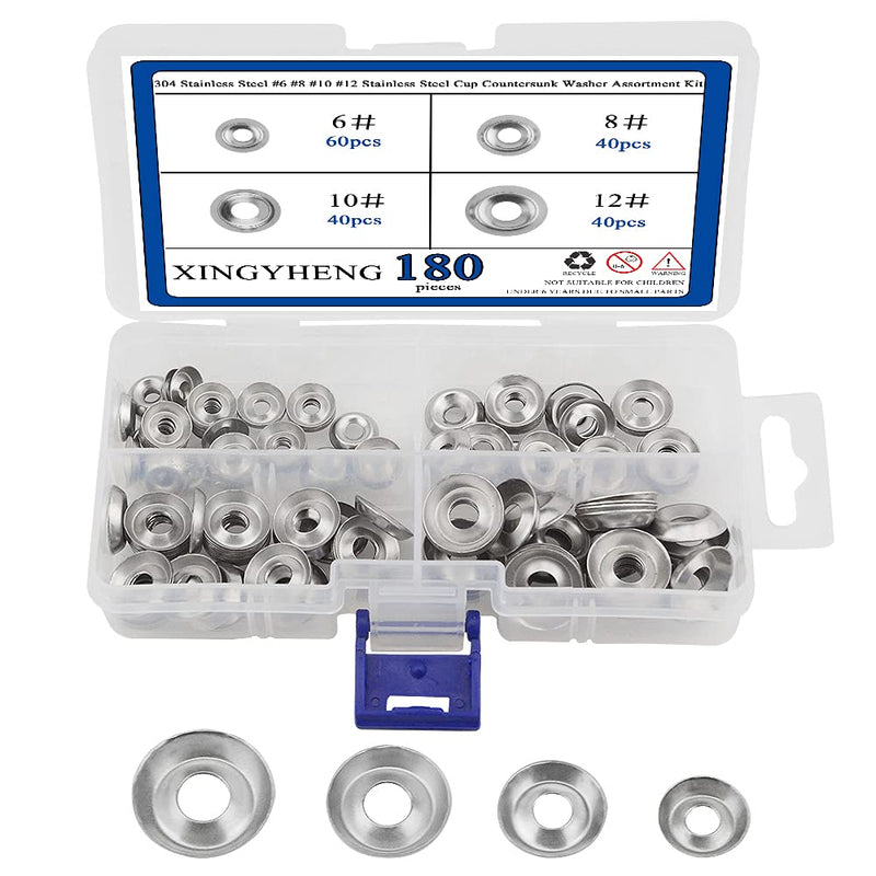 [Australia - AusPower] - XINGYHENG 180Pcs 4Kinds 304 Stainless Steel #6#8#10#12 Stainless Steel Cup Countersunk Washer Assortment Kit Silver Finishing Cup Washer with A Clean Plastic case 