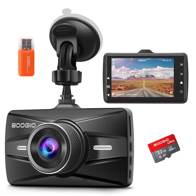 [Australia - AusPower] - Dash Cam Front with 32G SD Card, BOOGIIO 1080P FHD Car Driving Recorder 3'' IPS Screen 170°Wide Angle Dashboard Camera Aluminum Alloy Case, WDR G-Sensor Parking Monitor Loop Recording Motion Detection 