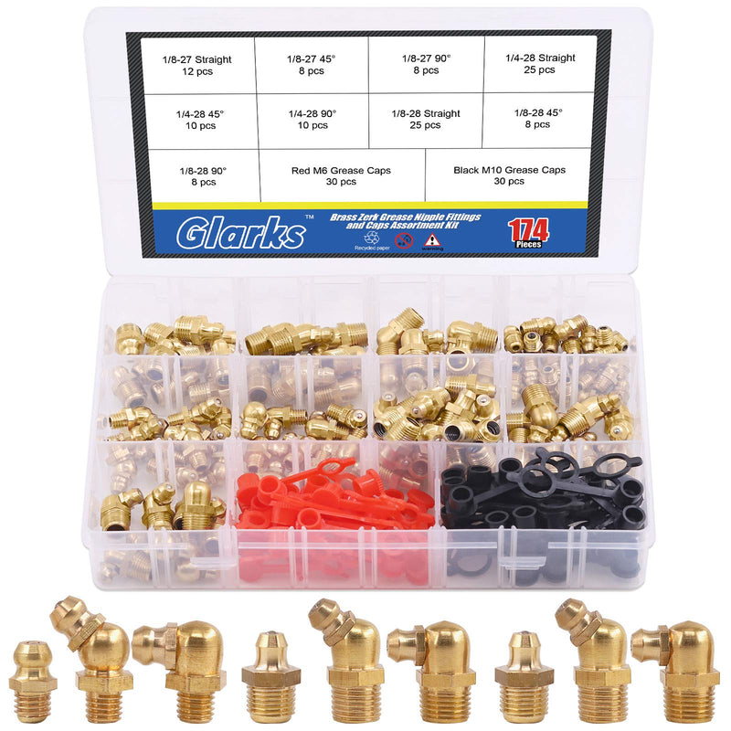 [Australia - AusPower] - Glarks 175Pcs SAE Standard Straight and 90 Degree and 45 Degree Brass Hydraulic Grease Fitting with 60Pcs Red Black Caps Assortment Kits 174Pcs SAE Grease Fitting with Cap 