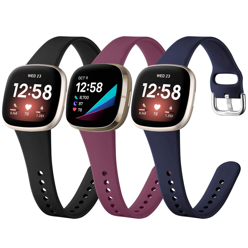 [Australia - AusPower] - Ouwegaga Compatible for Fitbit Sense Bands and Fitbit Versa 3 Bands for Women Men,Soft Silicone Slim Sport Wristbands Accessories for Versa 3 Smart Watch,Black Fuchsia Navy Blue Small 3 Packs Black/Fuchsia/Navy Blue Small(5.5"-7.6") 