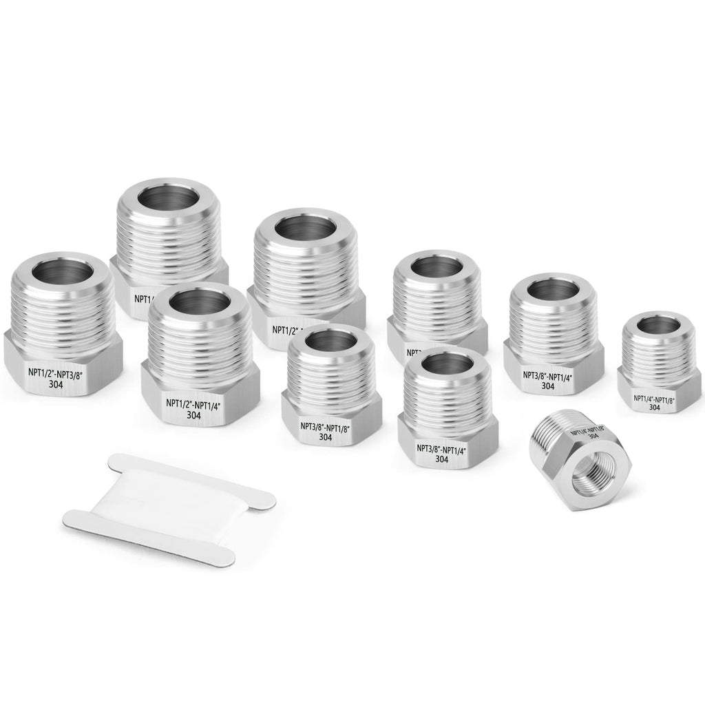 [Australia - AusPower] - TAISHER 10PCS Forging of 304 Stainless Steel Reducer Hex Bushing Pipe Fittings Kit, Male NPT to Female NPT, Reducing Pipe Adapter Fitting with Thread Protection Caps 