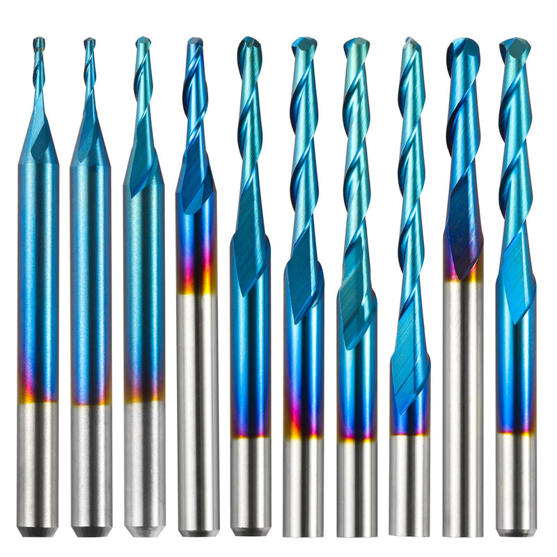 [Australia - AusPower] - Genmitsu 10pcs 2-Flute Nano Blue Coat Ball Nose Spiral End Mill, 1/8'' Shank, 0.8mm-2.5mm Cutting Diameter, CNC Router Bits for Wood Working Acrylic MDF PVC ABS, BN10A 0.8mm-2.5mm Set (2-Flute Ball Nose) 