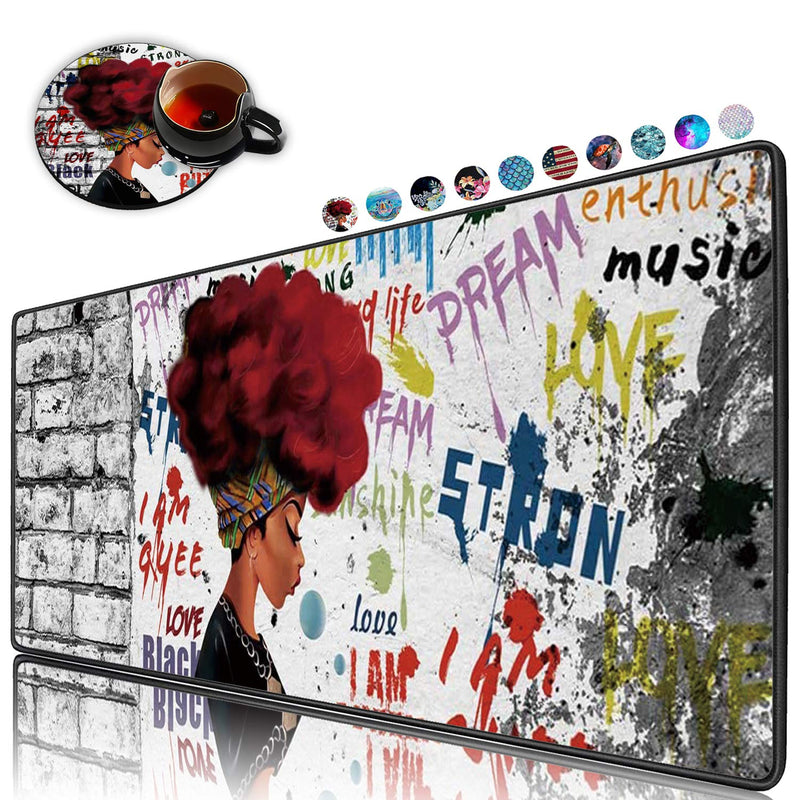 [Australia - AusPower] - Extended Gaming Mouse Pad and Coaster,Large Non-Slip Rubber Base Mousepad with Stitched Edges,Waterproof Mouse Mat Desk Pad for Work,Office,Home -African Black Woman Graffiti Girls with Red Hair Ya-mousepad-5-1 