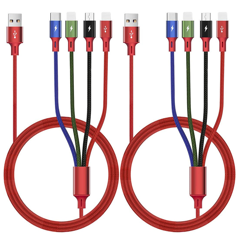 [Australia - AusPower] - Multi USB Charging Cable 3.5A, 2Pcs 6ft Minlu 4-in-1 Fast Charger Cord with Dual IP/USB-C/Micro-USB Port Adapter Compatible with Phone/Tablets/Samsung Galaxy/Google Pixel/Sony/LG/Huawei and More Red 