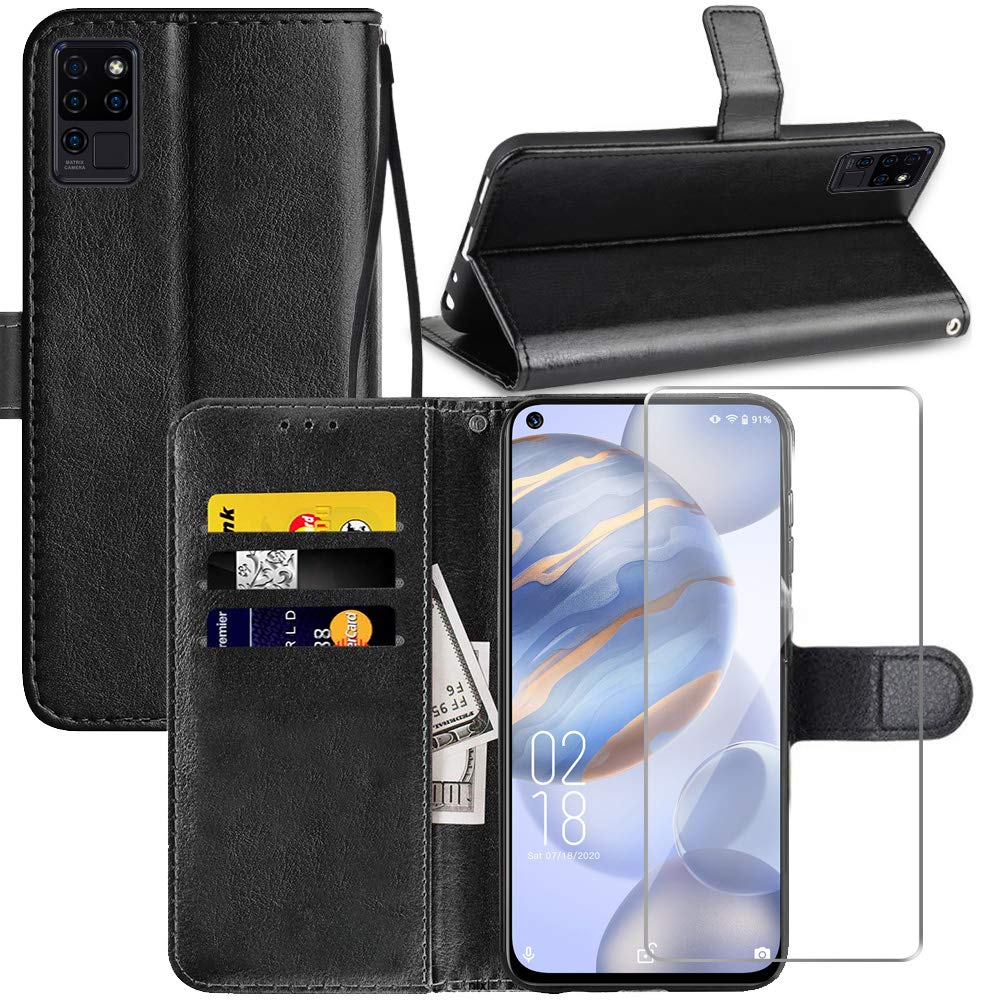 [Australia - AusPower] - OUKITEL C21 Case, OUKITEL C21 6.4 inch Wallet Case, with Screen Protector,PU Leather Wrist Strap Card Slots Soft TPU Shockproof Protective Flip Cover Case,Black 