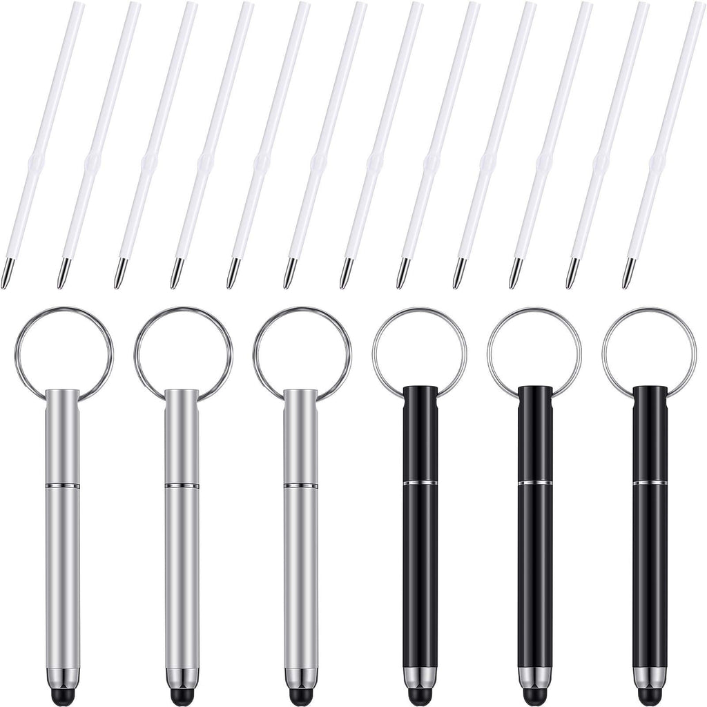 [Australia - AusPower] - 6 Pieces Mini Stylus Pen with Keyring Loop Bullet Capacitive Stylus Pen Keychain Stylus Tablet Pen and 12 Pieces 1.0 mm Black Refills with Bullet-Shaped for Signature Portable Touch Screen Black, Silver 