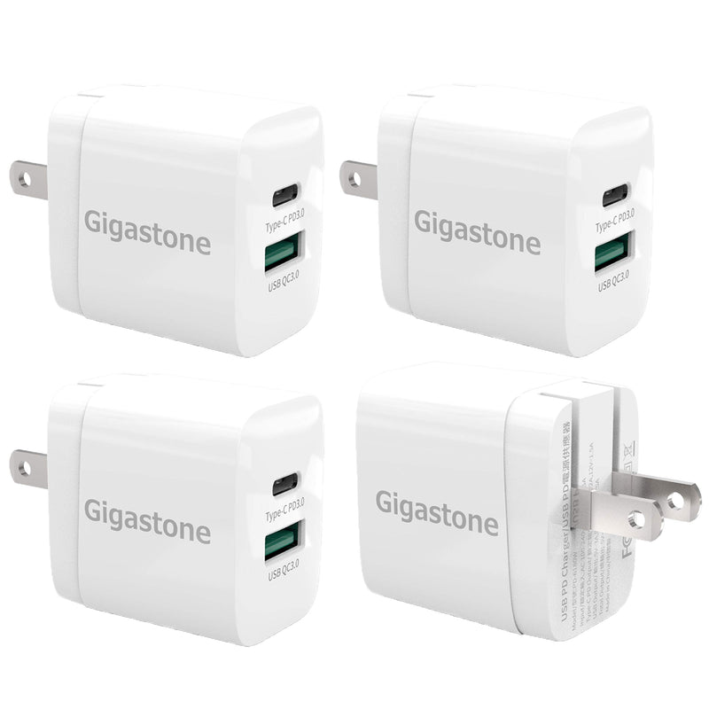 [Australia - AusPower] - 【20W USB C Wall Charger】【4-Pack】 Gigastone 20W USB C Charger USB-C Power Adapter, Fast Charge USB C Charger PD3.0 / QC3.0, Dual Ports USB-A + USB-C, Compatible with iPhone, iPad, Android Smartphones 