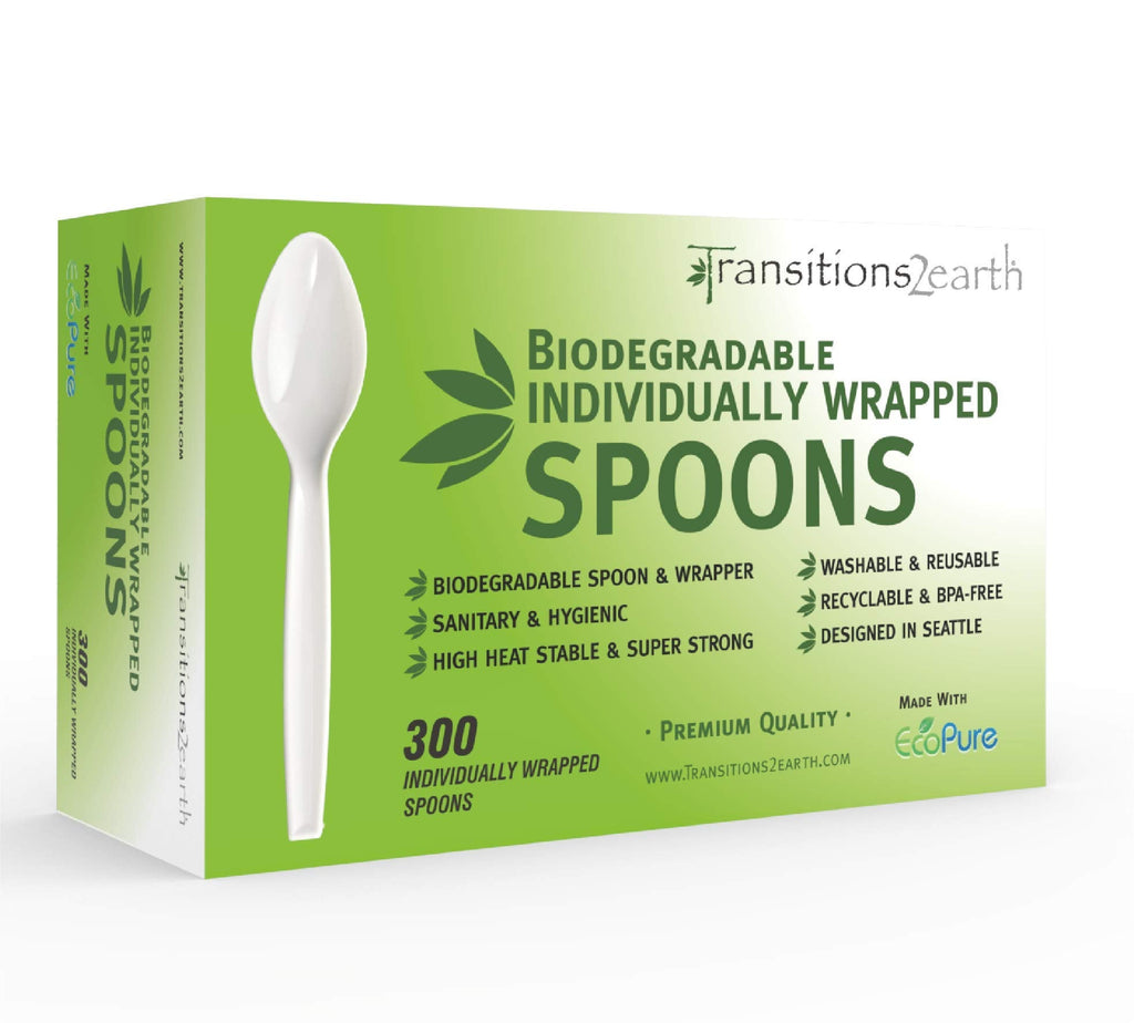 [Australia - AusPower] - Transitions2earth Biodegradable EcoPure Individually Wrapped Spoons - Box of 300 - Plant a Tree With Each Item Purchased! 