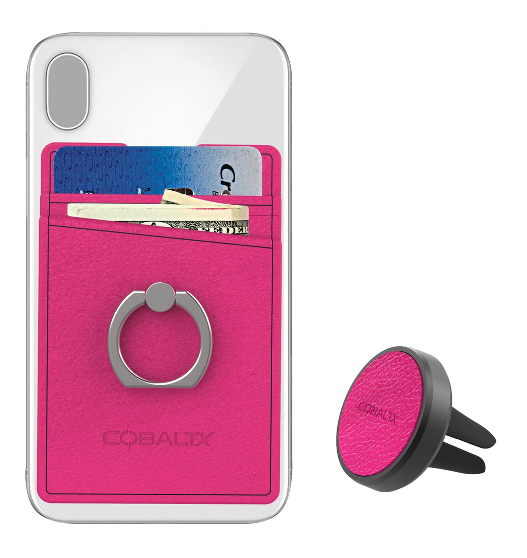 [Australia - AusPower] - COBALTX Leather Cell Phone Ring Wallet Adhesive and Matching Magnetic car Vent Mount Card Holder Back of Phone All in one Combo Wallet Ring Grip Kick Stand Phone Wallet Stick on with Ring (Hot Pink) Hot Pink 