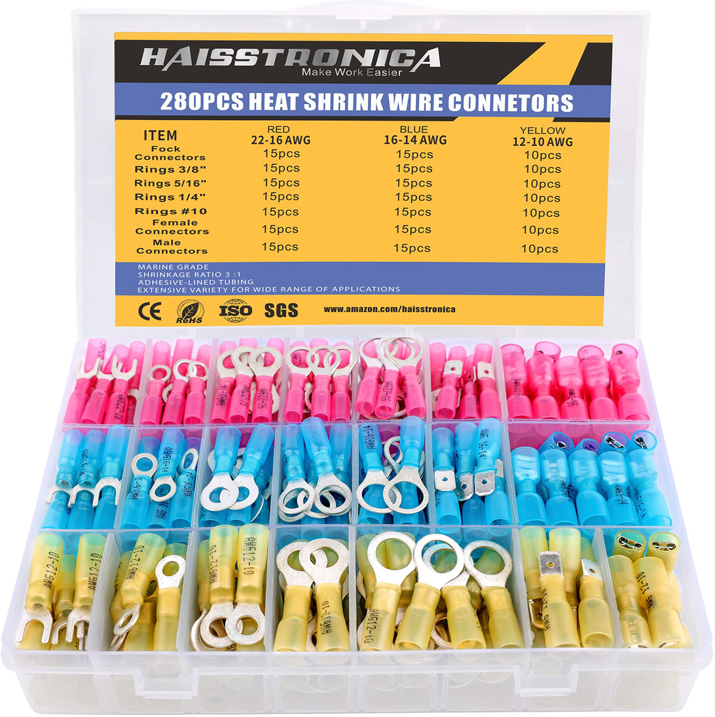 [Australia - AusPower] - haisstronica 280PCS Marine Grade Heat Shrink Wire Connectors-Electrical Connectors Kit of Tinned Red Copper,Crimp Insulated Ring Fork Spade Butt Splice(3Colors/7Size) 16-14 22-16 12-10 Gauge 