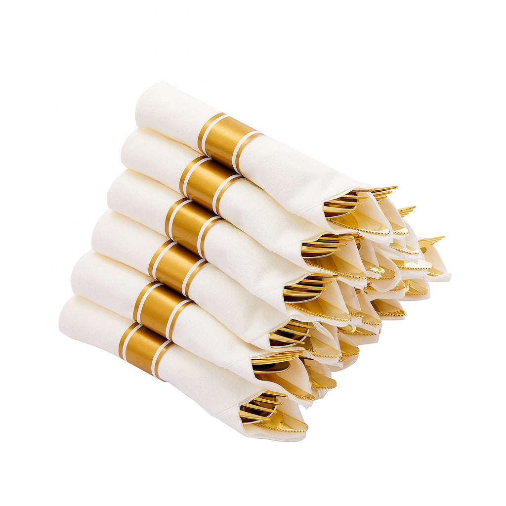 [Australia - AusPower] - N9R 30 Pack Pre Rolled Gold Plastic Cutlery Set, Wrapped Plastic Silverware Set with 30 Forks, 30 Knives, 30 Spoons and 30 Napkins, Disposable Cutlery Set for Party and Wedding 