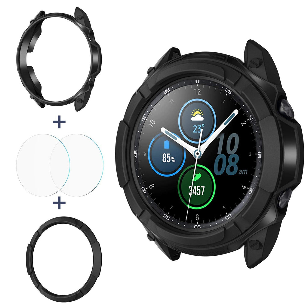 [Australia - AusPower] - Goton 3 in 1 Accessories for Samsung Galaxy Watch 3 45mm, 1 Rugged TPU Armor Bumper Case +2 Tempered Glass Screen Protector Films + 1 Bezel Ring for Galaxy Watch 3 45mm (Black,45mm) Black 