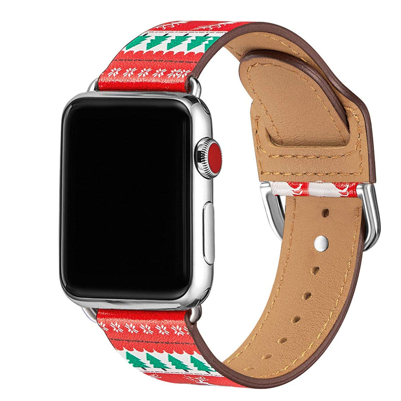 [Australia - AusPower] - POWER PRIMACY Bands Compatible with Apple Watch Band 38mm 40mm 42mm 44mm, Top Grain Leather Smart Watch Strap Compatible for Men Women iWatch Series 6 5 4 3 2 1,SE (Christmas Tree&Silver, 38mm/40mm) 