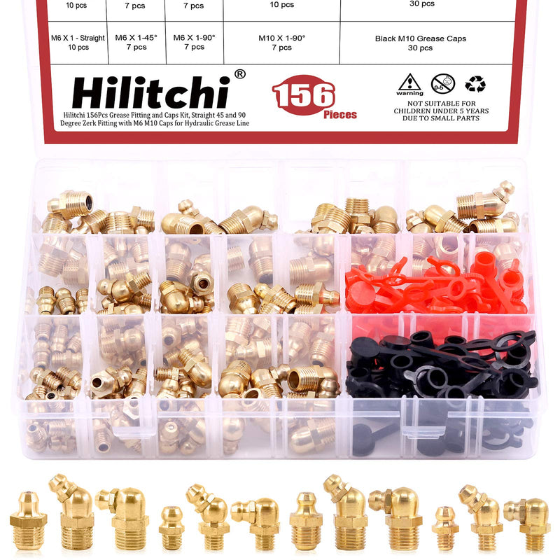 [Australia - AusPower] - Hilitchi Hydraulic Zerk Grease Fittings Assortment Kit with Grease Zerk Caps (SAE & Metric Grease Fitting-156Pcs) SAE & Metric-156PCS 