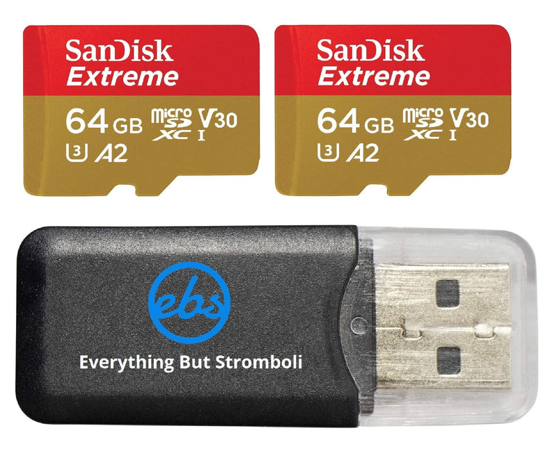 [Australia - AusPower] - SanDisk Extreme 64GB (2 Pack) MicroSD Memory Card for DJI Mavic Mini 2, Mavic Mini, Mavic Air 2 Drone - C10 A2 V30 SDXC (SDSQXA2-064G-GN6MN) Bundle with (1) Everything But Stromboli Micro Card Reader 