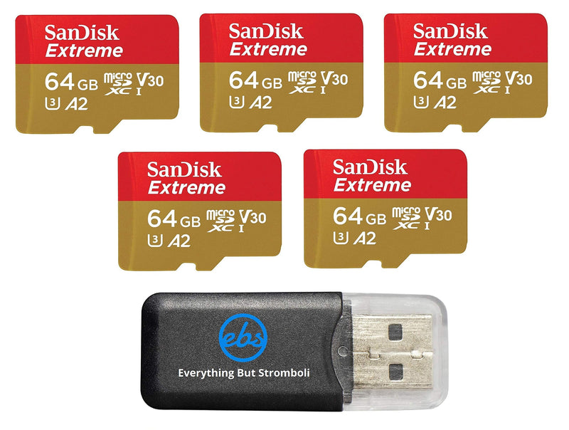 [Australia - AusPower] - SanDisk Extreme 64GB (5 Pack) MicroSD Memory Card for DJI Mavic Mini 2, Mavic Mini, Mavic Air 2 Drone - C10 A2 V30 SDXC (SDSQXA2-064G-GN6MN) Bundle with (1) Everything But Stromboli Micro Card Reader 