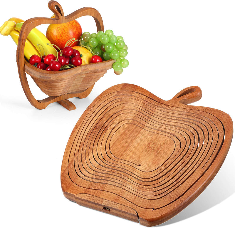 [Australia - AusPower] - 9 x 8.5 Inches Collapsible Bamboo Fruit Basket Dried Fruit Basket Tray Turns into Basket Wooden Snack Box Holiday Food Tray Fruit Bowl Holder for Kitchen Table 