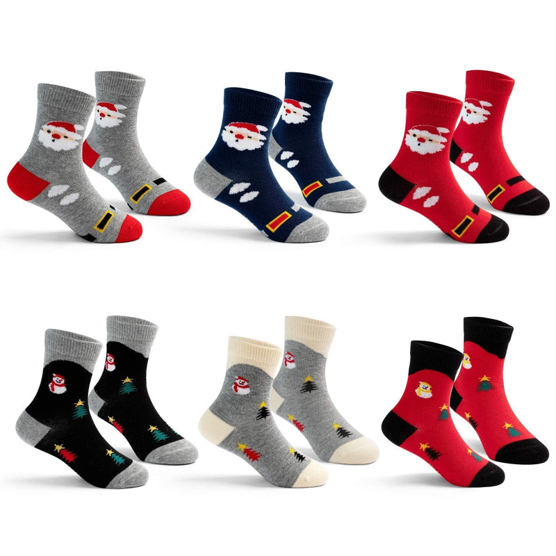 [Australia - AusPower] - Boys Seamless Toe Socks Kids Cotton Crew Socks Colorful Quarter Socks 3-5T Xmas 6 Pairs/8039b 