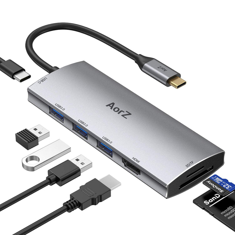 [Australia - AusPower] - USB C Hub, USB Hub to HDMI Multiport AorZ USB C Dongle Adapter 7 in 1 with 4K HDMI Output,3 USB 3.0 Ports,SD/Micro SD Card Reader,100W PD,Compatible with MacBook Pro Air HP XPS and More Type C Device 