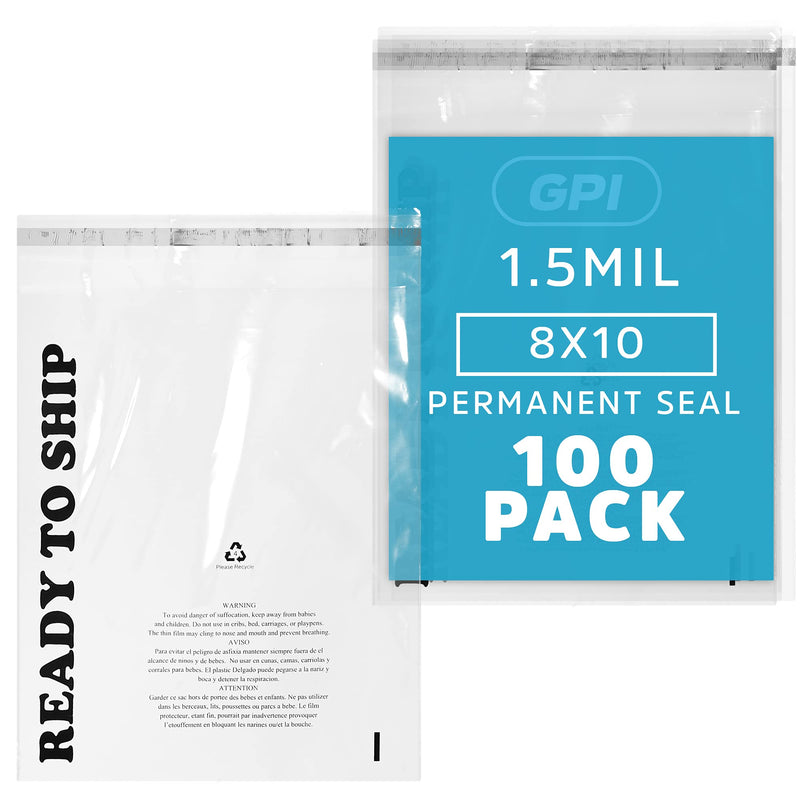 [Australia - AusPower] - GPI - Pack of 100 8" x 10", Clear SELF Seal Poly Bags - 1.5 mil Polybags with Permanent Adhesive Strip & Suffocation Warning for Packaging T Shirts & Clothing. Perfect for Shipping Supplies with FBA 