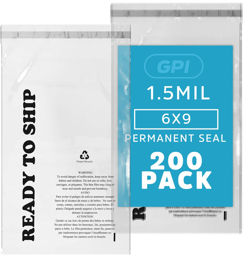 [Australia - AusPower] - GPI - PACK of 200 6" x 9", CLEAR SELF SEAL POLY BAGS - 1.5 mil Polybags With Permanent Adhesive Strip & Suffocation Warning For Packaging T Shirts & Clothing. Perfect for Shipping Supplies With FBA 