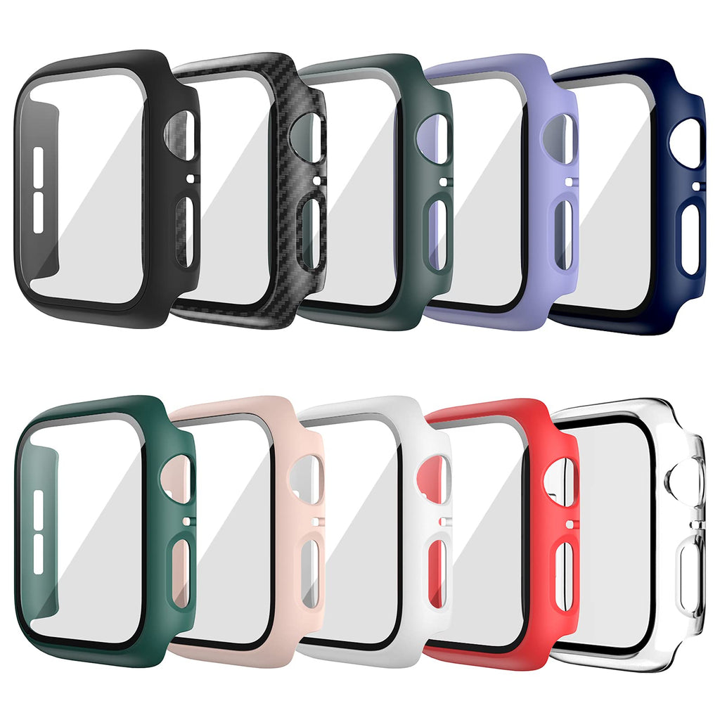 [Australia - AusPower] - 10 Pack Hard Case for Apple Watch Series 3 42mm with Built-in Tempered Glass Screen Protector,JZK Thin Bumper Full Coverage Bubble-Free Cover for iWatch Series 3/2/1 42mm Accessories Black+Clear+Red+Blue+Green+White+Deep Green+Purple+Pink+Carbon fiber 