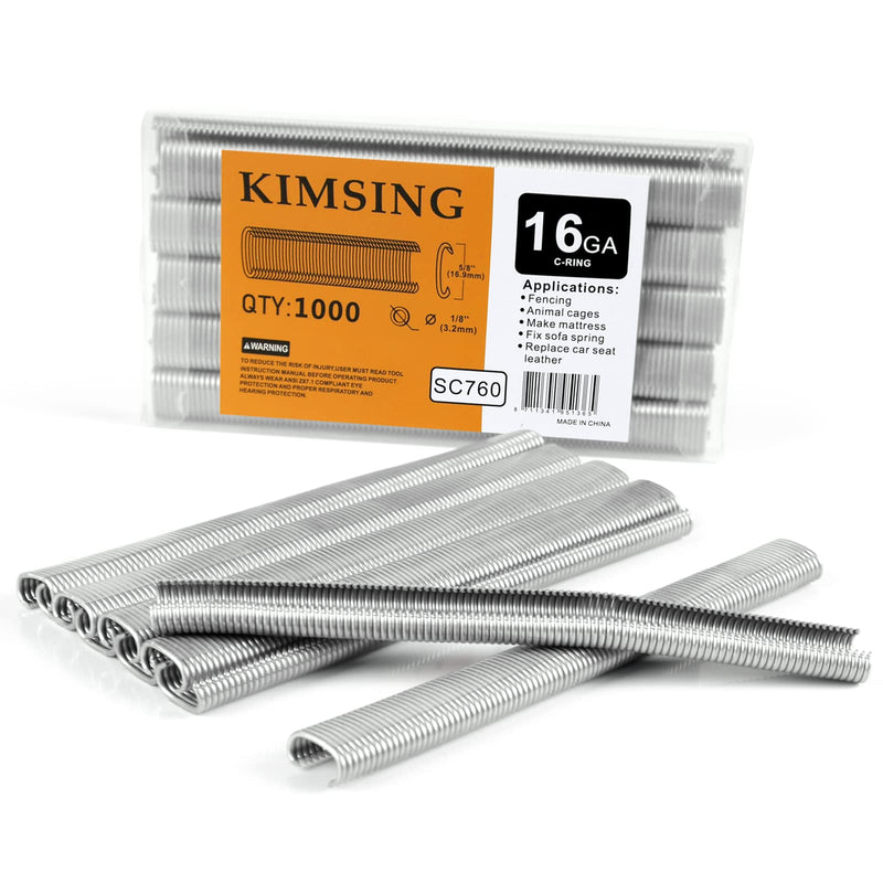 [Australia - AusPower] - Kimsing SC760 16 Gauge C Ring Staples 1/2" Inside Crown 5/8" Outside Crown Hog Ring Staples C Rings Galvanized Steel Hog Rings Collated Staples for Staple Gun 1,000 PCS/Pack (Galvanized Steel) 1,000 PCS(Galvanized Steel) 