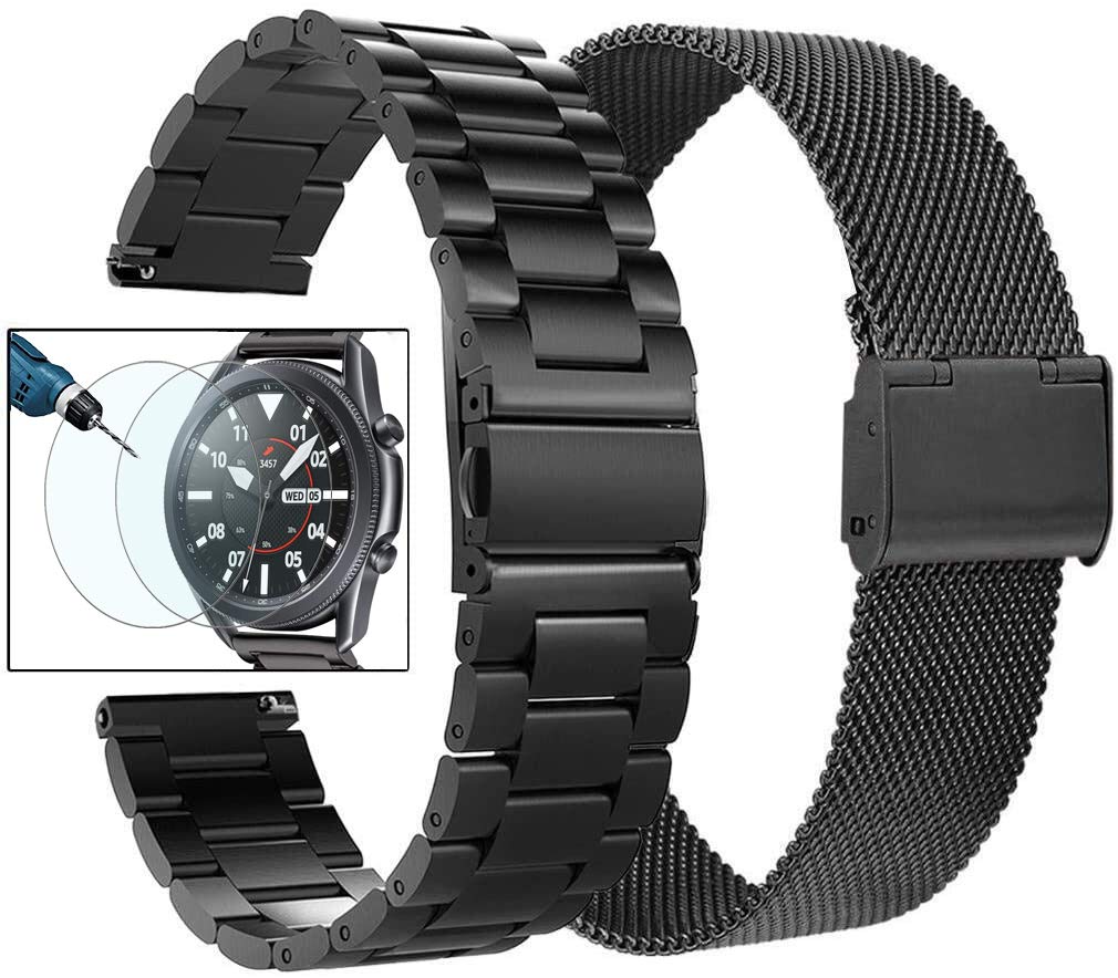 [Australia - AusPower] - Valkit Compatible with Galaxy Watch 3 41mm/Galaxy Watch 4 Band for Women Men, 2 Pack 20mm Stainless Steel Metal Mesh Bands for Samsung Galaxy Watch 4 Classic/Galaxy Watch 42mm/Active 2 Black 45mm/46mm 