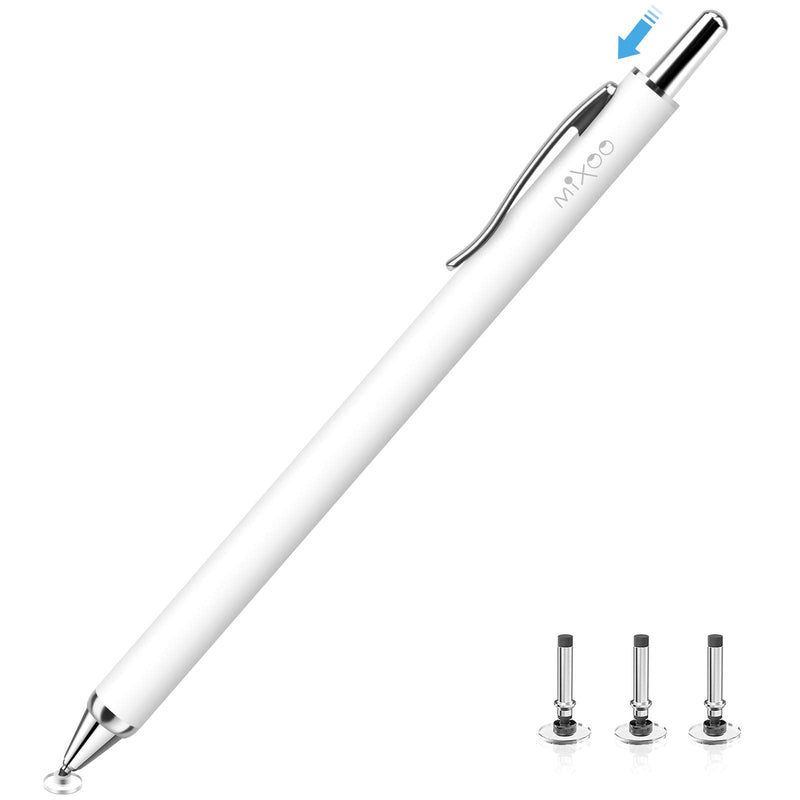 [Australia - AusPower] - Mixoo Retractable Stylus for Touch Screens - High Sensitivity Universal Stylus Touch Screen Pen with 3 Replaceable Disc Tips for iPad iPhone and All Other Capacitive Tablets & Cell Phones (White) White 