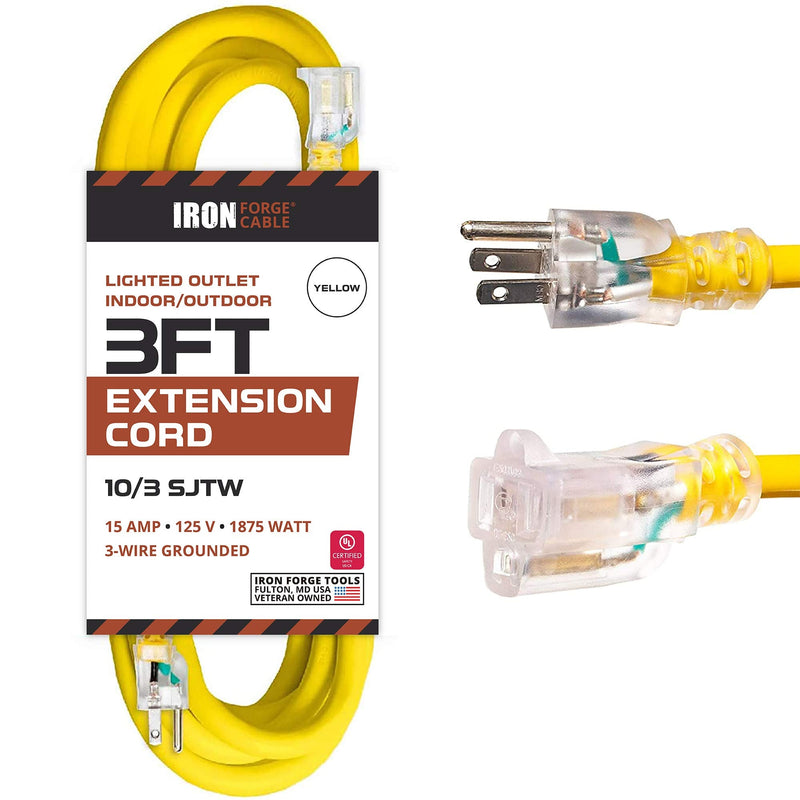 [Australia - AusPower] - Iron Forge Cable 3 Foot Lighted Outdoor Extension Cord - 10/3 SJTW Yellow 10 Gauge Extension Cable with 3 Prong Grounded Plug for Safety, 15 AMP - Great for Garden and Major Appliances 