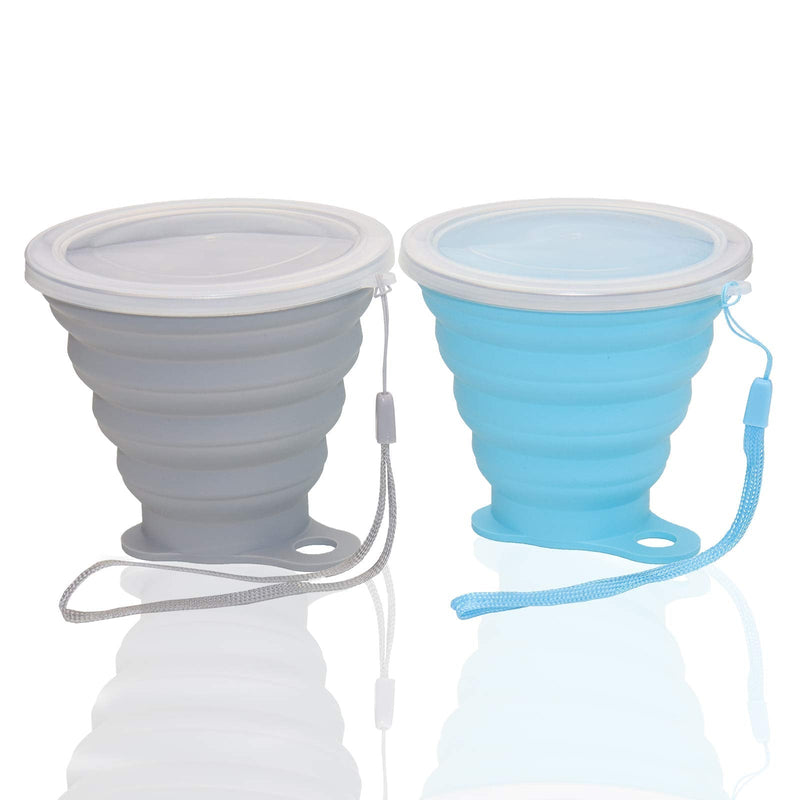 [Australia - AusPower] - Silicone Collapsible Cups for Camping Travel, Small Portable Drinking Cup with Lids Reusable for Outdoor Hiking 270ml (Blue & Gray, 2Pack) 