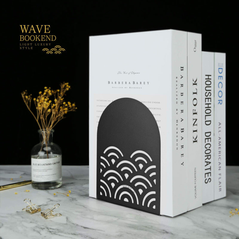 [Australia - AusPower] - QiMing Ukiyoe Auspicious Clouds Bookends for Books,1 Pair Metal Wavy Pattern Book Holders for Office Shelves Adults & Kids Gift(Black) Black 