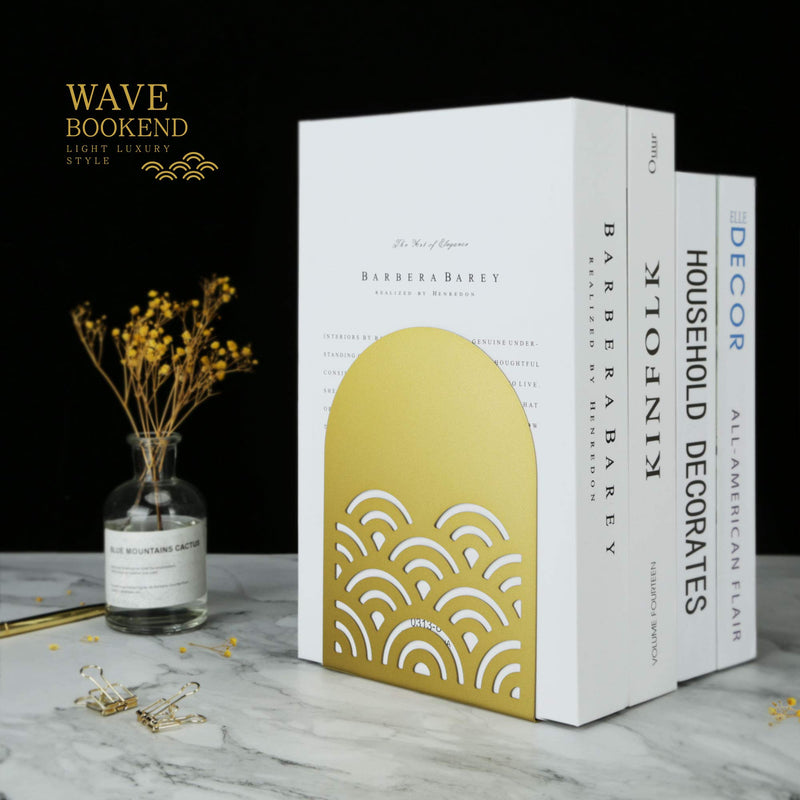 [Australia - AusPower] - QiMing Ukiyoe Auspicious Clouds Bookends for Books,1 Pair Metal Wavy Pattern Book Holders for Office Shelves Adults & Kids Gift(Gold) Gold 