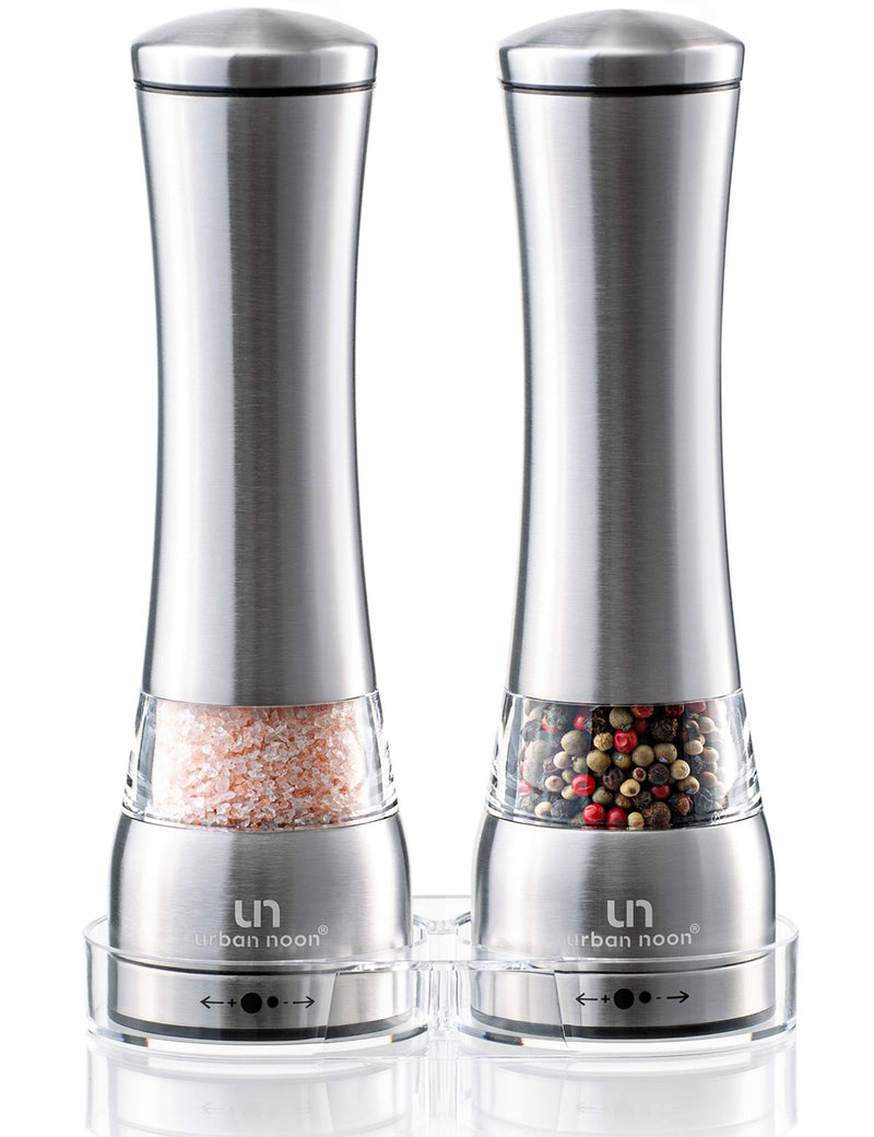 [Australia - AusPower] - Salt and Pepper Grinder Set - Stainless Steel Pepper Grinder and Salt Grinder with Tray in Luxurious Gift-Box - Manual Mills with Ceramic Grinders and Adjustable Coarseness (Set of 2 plus Tray) 